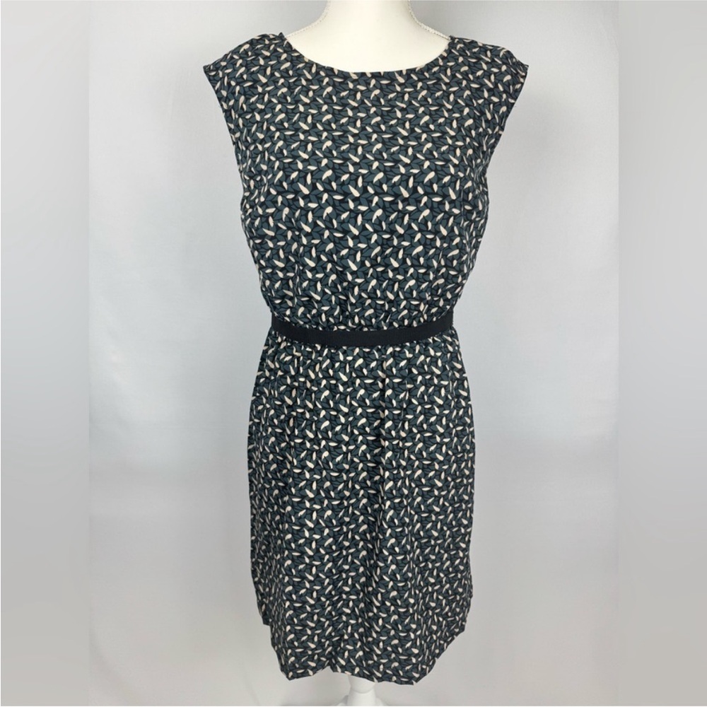 LOFT sz Small black teal cream print dress, elastic waist, feminine silhouette